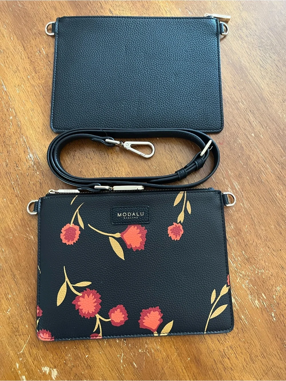 Modalu Black Floral Crossbody Pouch Set with Detachable Strap
